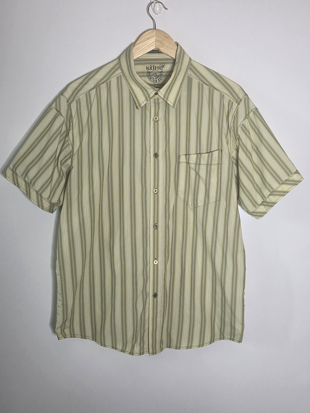 Kuhl Men’s Short Sleeve Button-Up Shirt Light Green Stripe short sleeve outdoor